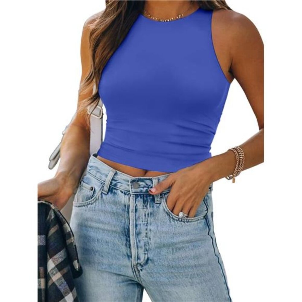 Women's Double Lined Crop Tank Tops Casual Basic Shirts Sleeveless Blue - Picture 1 of 6